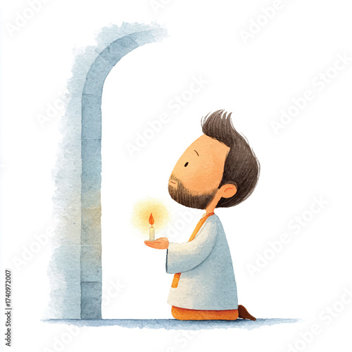 Illustrated religious figure kneeling in humble prayer and worship.
