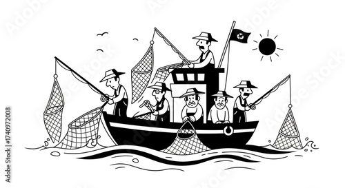 A group of cartoon fishermen working together on a fishing boat.