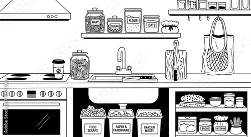 A hand drawn illustration of an organized and sustainable kitchen interior.