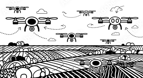 A group of illustrated quadcopter drones flying in the sky.