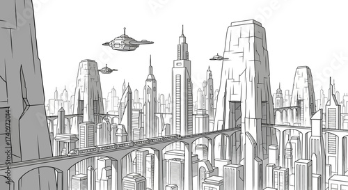 A line art sketch of a futuristic cityscape with towering skyscrapers and flying vehicles.