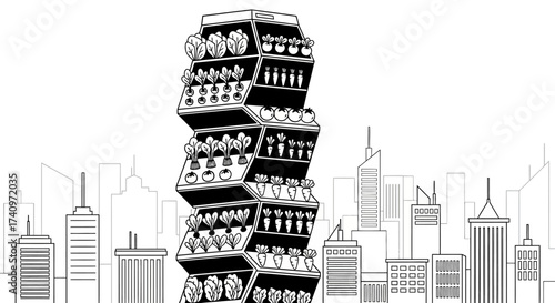 A surreal skyscraper made of stacked shelves filled with groceries.