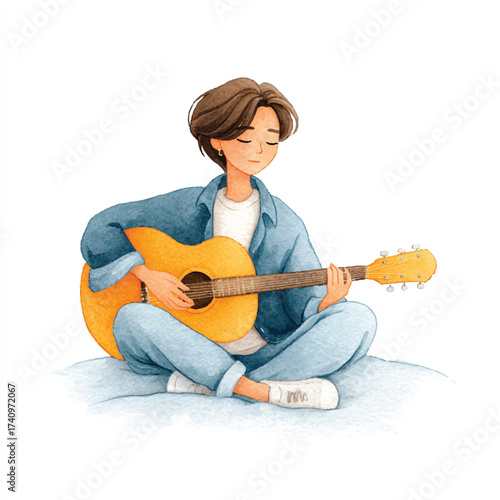 Illustration of a young person playing the guitar while sitting cross-legged.