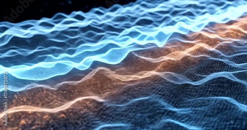 Abstract particle wave motion background in blue and orange color gradient background