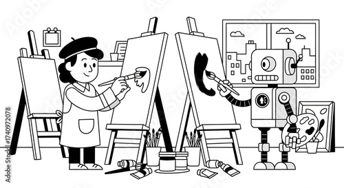 A Young Artist and a Robot Painting on Easels Together.