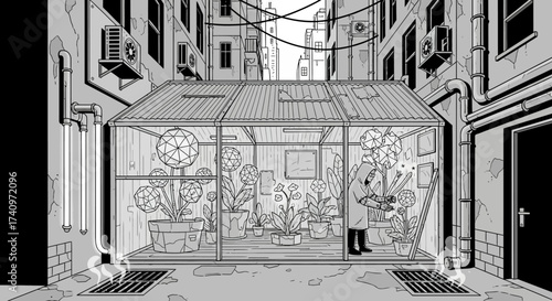 A transparent greenhouse filled with flowers in an urban alley.