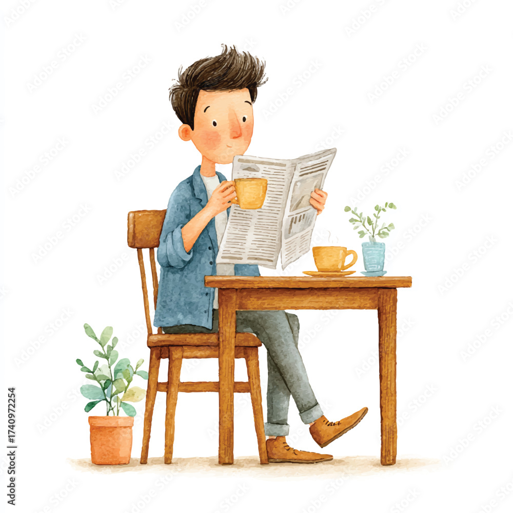 Fototapeta premium Man engrossed in newspaper reading at a table.