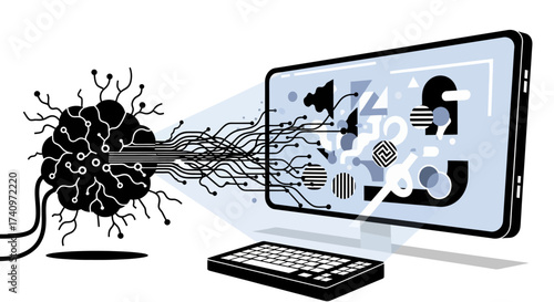 Artificial intelligence brain connected to computer screen processing data.