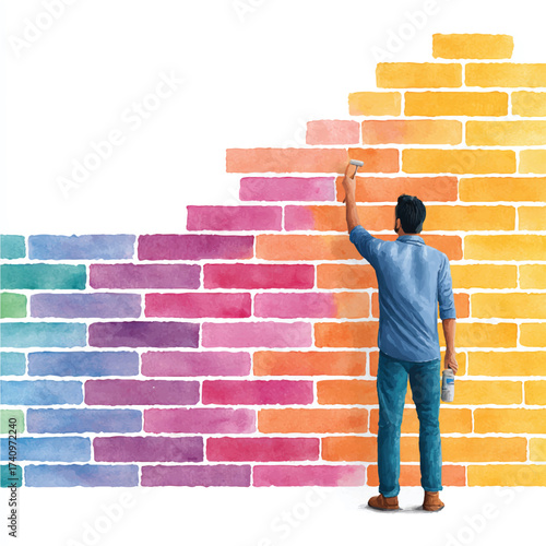 Man building colorful brick wall representing progress and growth concept.