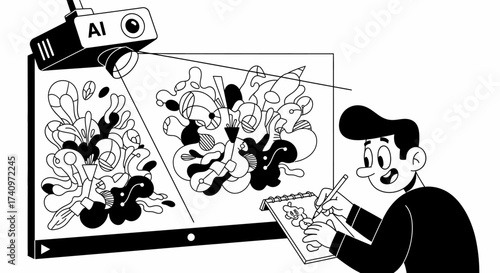 Artist Drawing with Assistance from an AI Art Generator Projector.