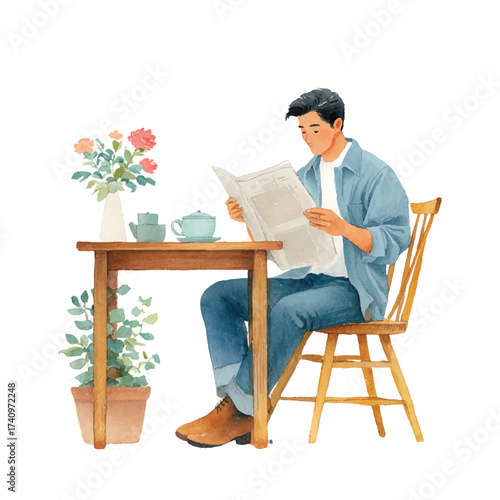 Man engrossed in reading newspaper at table with flowers.