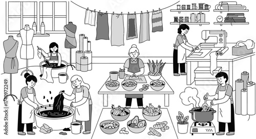 Artisans Crafting Textiles and Dyes in a Workshop.