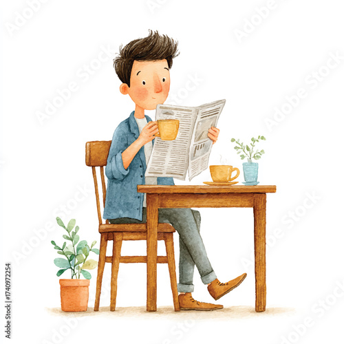 Man engrossed in newspaper reading at a table.