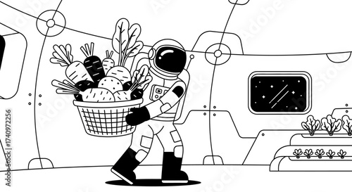Astronaut in a spacesuit carrying a basket of fresh vegetables.