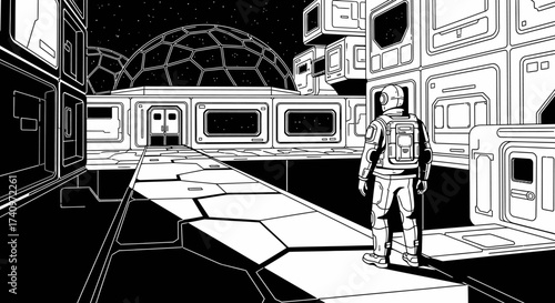 Astronaut standing in a futuristic science fiction space station corridor.
