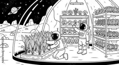 Astronauts Cultivating Plants in a Futuristic Space Greenhouse.