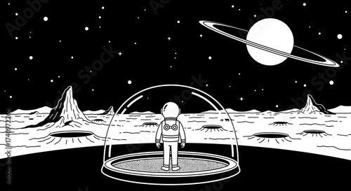 Astronaut Standing Inside a Protective Glass Dome Illustration.