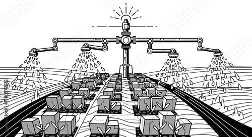 Automated irrigation system watering crops in neat rows.