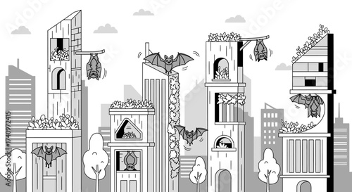 Bat houses in urban environment with architectural design and bat silhouettes.