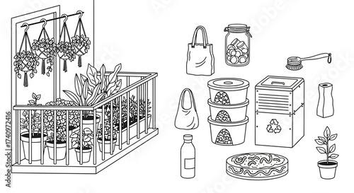 Balcony garden and sustainable living items illustration.