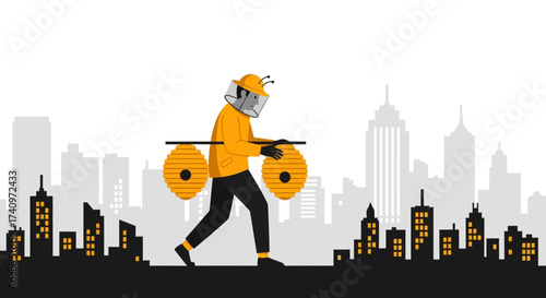 Beekeeper Carrying Honeycomb in Cityscape, Urban Beekeeping Concept.