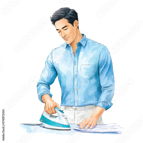 Man ironing clothes attentively at home.