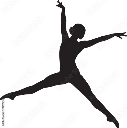 The image shows a black silhouette of a person jumping in a dynamic pose.