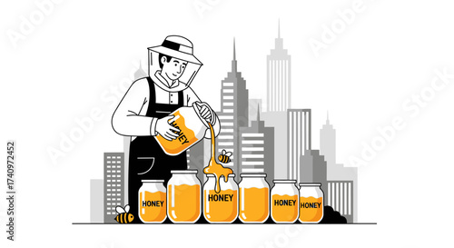 Beekeeper pouring fresh honey into jars.