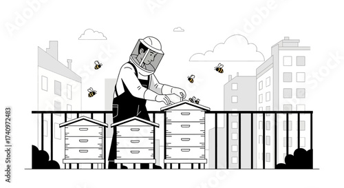 Beekeeper in protective suit tending to urban beehives illustration.