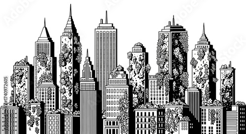 Black and white illustration of a city skyline reclaimed by nature.