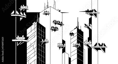 Black and White Illustration of Flying Cars in a Cityscape.