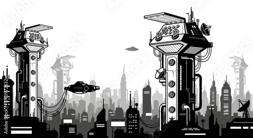 Black and White Illustration of Futuristic Sci-Fi Towers.