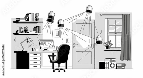 Black and White Illustration of Home Office Surveillance.