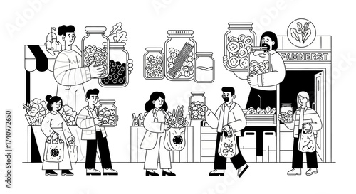 Black and white line art illustration of people at a zero waste store.