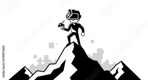 Black and white line art of a gamer with a VR headset and controller.