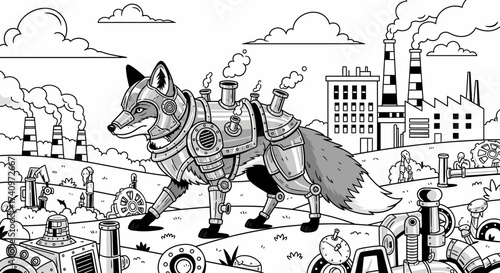 Black and white line art of a steampunk fox in mechanical armor.
