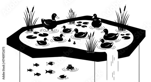 Black and white silhouette of a duck family in a pond.