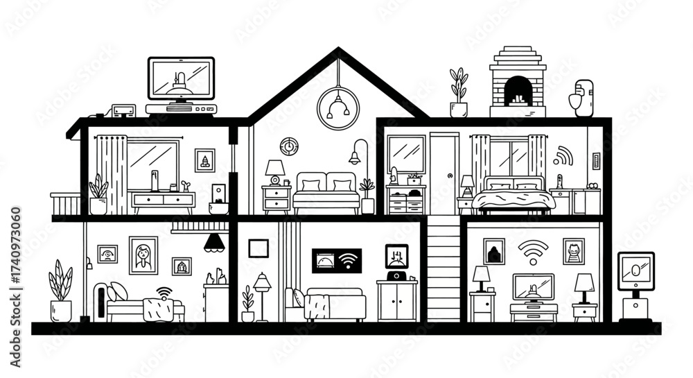 Fototapeta premium Detailed Line Art Illustration of a House Cross Section.