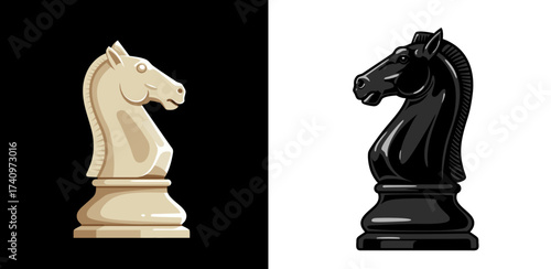 Chess knight pieces in black and white minimalist design, background, vector, set  