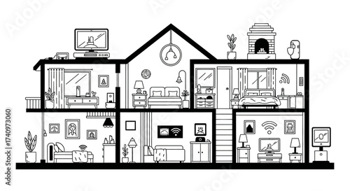 Detailed Line Art Illustration of a House Cross Section.