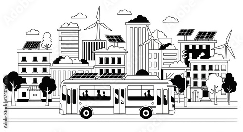 Eco friendly bus transportation in a sustainable city environment.