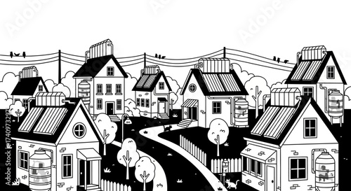 Eco friendly houses with solar panels and water tanks in a community.