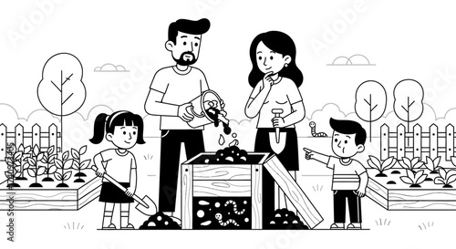 Family Gardening Together - A Black and White Illustration.