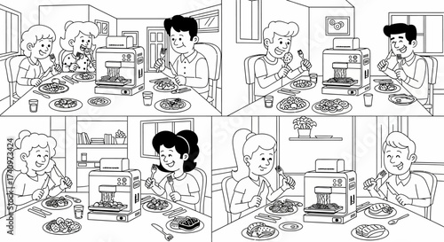 Family enjoying a meal together at the dining table, eating and smiling.