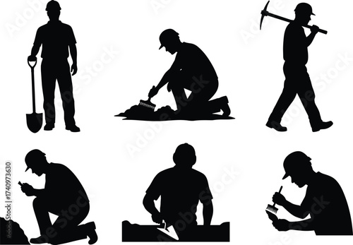 Construction worker silhouettes, manual labor, building tools, shovel digging, pickaxe carrying, bricklaying, repair work, industrial job, teamwork, craftsmanship, occupation, industry