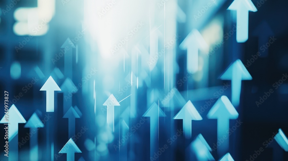 Fototapeta premium Upward trending arrows, city background, growth concept, financial success