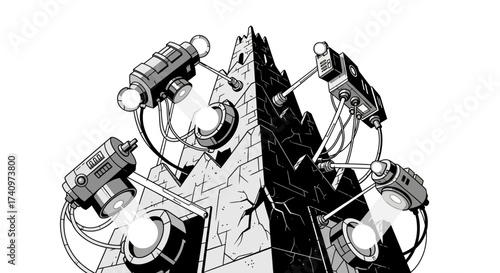 Futuristic Surveillance System Monitoring a Damaged Pyramid Structure.