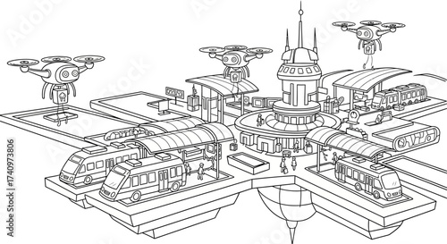 Futuristic transportation hub with monorails and flying drones.