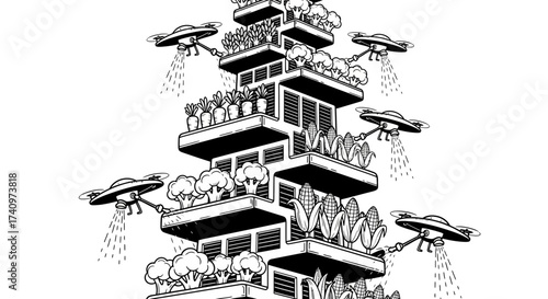 Futuristic Vertical Farm Building with Drones Harvesting Crops.