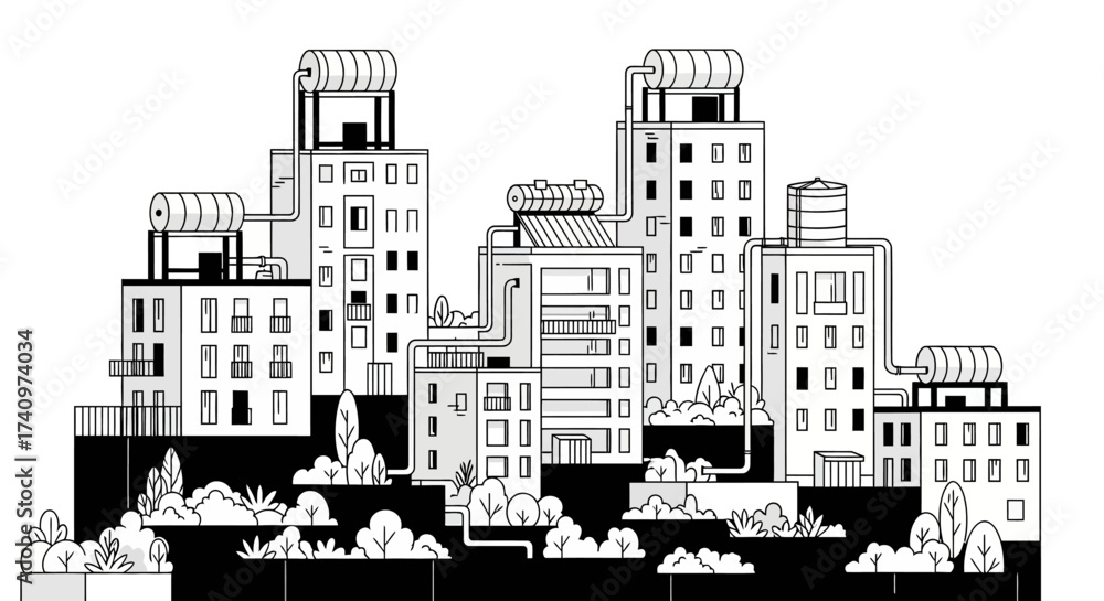 Obraz premium Hand drawn illustration of a city block with apartment buildings and solar water heaters on the rooftops.